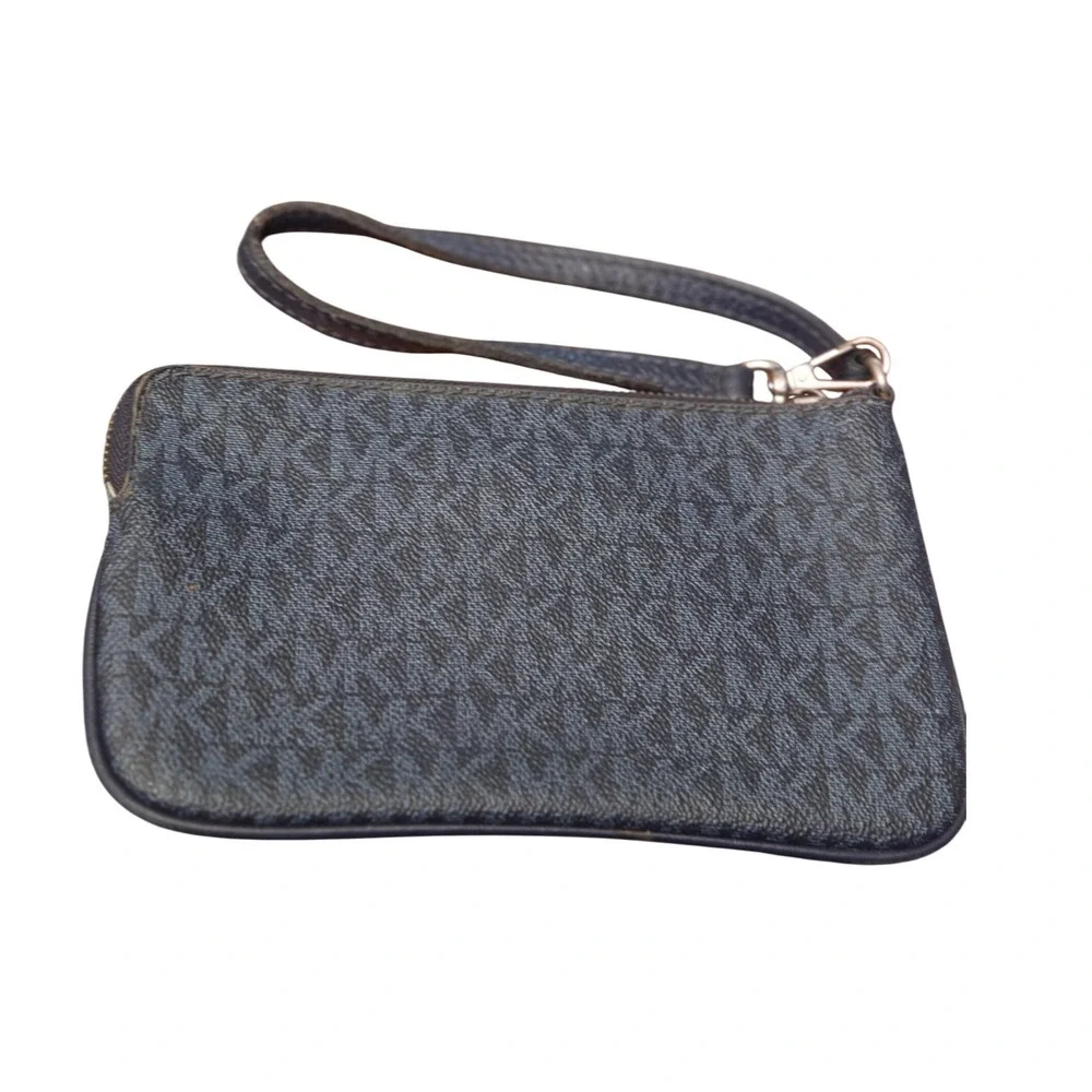 Michael Kors Navy Blue Monogram Wristlet Pouch MK Logo Silver Tone Hardware